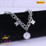 دستبند استیل زنانه زنجیری دو لاین آویز دار نقره ای | کد sts180/2
