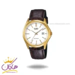 ساعت کاسیو مردانه بند چرم زرشکی قاب طلایی MTP-1183Q-7ADF