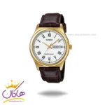 ساعت کاسیو مردانه بند چرم قهوه ای قاب طلایی MTP-V006CL-7BUDF