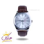 ساعت کاسیو مردانه بند چرم قهوه ای قاب نقره ای mtp-v006l-7cudf