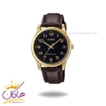 ساعت کاسیو مردانه چرم قهوه ای قاب طلایی MTP-V001GL-1BUDF
