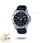 ساعت کاسیو مردانه چرم مشکی قاب نقره ای MTP-VD01L-1C