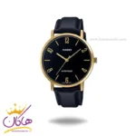 ساعت مچی کاسیو مردانه بند چرم مشکی قاب طلایی MTP-VT01GL-1B2