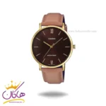 ساعت مچی کاسیو مردانه بند چرم قهوه ای قاب طلایی MTP-VT01GL-5B