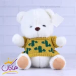 عروسک پولیشی خرس سفید لباس بافت زرد | 101088/1