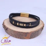 دستبند چرم مردانه 3 لاین پلاک طلایی هرمس ST 41014