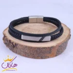 دستبند چرم 3 لاین پلاک نقره ای مونت بلانک ST 41001