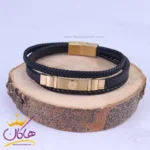 دستبند مردانه چرم سه لاین مونت بلان پلاک طلایی st 41016