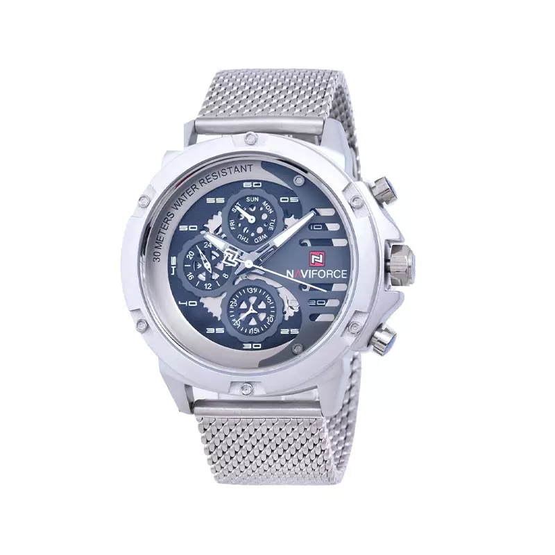 ساعت عقربه ای مردانه نیوی فورس بند حصیری نقره ای 9110/7 ساعت عقربه ای مردانه نیوی فورس بند حصیری نقره ای 9110/7 - Image 1