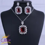 نیم ست استیل زنانه نگین مربع قرمز | کد sp 22053