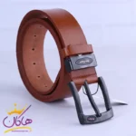 کمربند چرم طبیعی مردانه عسلی سگک مشکی