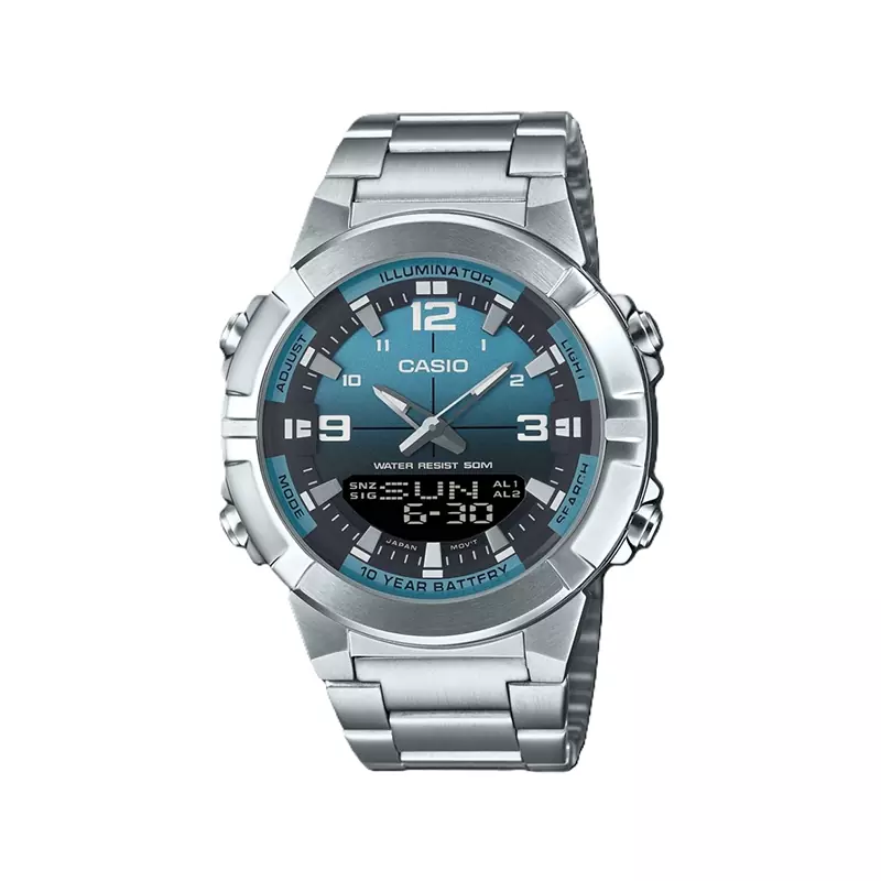 Casio-Watch-Code-AMW-870DA-2A21.webp ساعت کاسیو مردانه فلزی دو زمانه صفحه آبی AMW-870DA-2A2 - Image 1