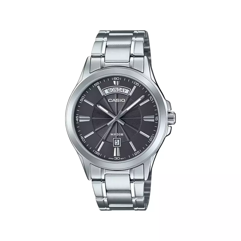Casio-Watch-Code-MTP-1381D-8A1.webp ساعت عقربه ای کاسیو مردانه نقره ای صفحه طوسی MTP-1381D-8A - Image 1
