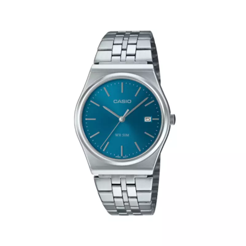 Casio-Watch-Code-MTP-B145D-2A21.webp ساعت مچی کاسیو مردانه نقره ای صفحه سبزآبی MTP-B145D-2A2 - Image 1