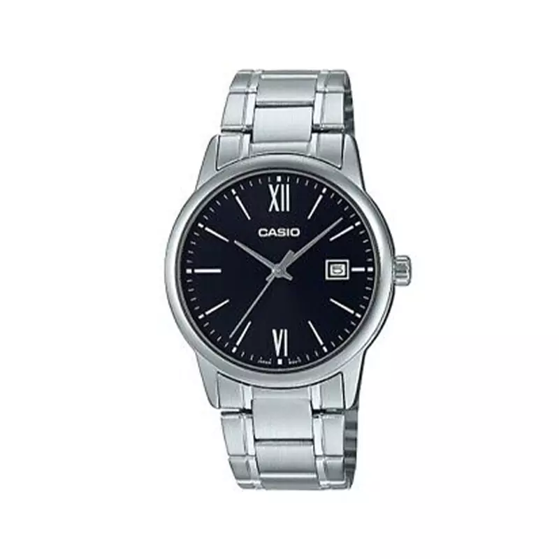 Casio-Watch-Code-MTP-V002D-1B3UDF1.webp ساعت مچی کاسیو مردانه فلزی نقره ای صفحه مشکی MTP-V002D-1B3UDF - Image 1