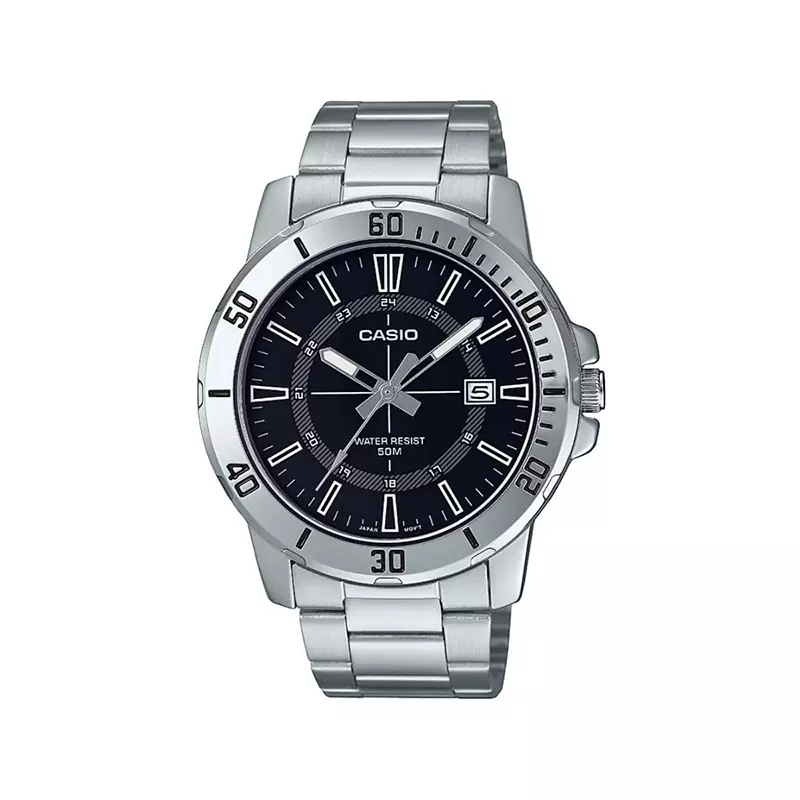 Casio-Watch-Code-MTP-VD01D-1CVUDF1.webp ساعت مچی کاسیو مردانه فلزی نقره ای صفحه مشکی MTP-VD01D-1CVUDF - Image 1