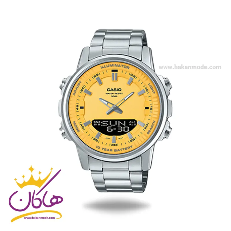 Casio-watch-code-AMW-880D-9AVDF1.webp ساعت کاسیو مردانه فلزی دو زمانه صفحه زرد AMW-880D-9AVDF - Image 1