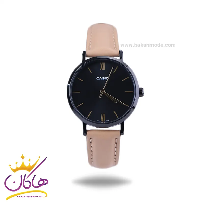 Casio-watch-code-LTP-VT02BL-1AUDF1.webp ساعت عقربه ای کاسیو زنانه بند چرم کرمی صفحه مشکی LTP-VT02BL-1AUDF - Image 1