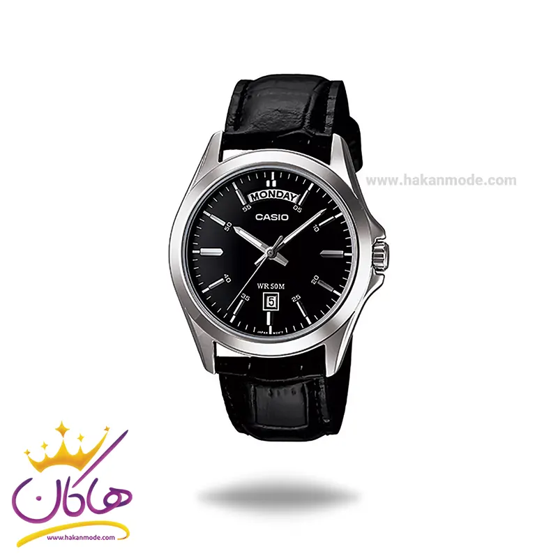 Casio-watch-code-MTP-1370L-1A1.webp ساعت کاسیو مردانه بند چرم مشکی قاب نقره ای MTP-1370L-1A - Image 1