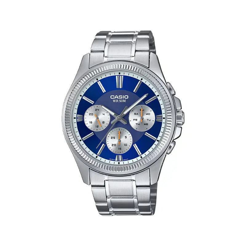 Casio-watch-code-MTP-1375D-2A1VDF1.webp ساعت مچی کاسیو مردانه نقره ای صفحه آبی MTP-1375D-2A1VDF - Image 1