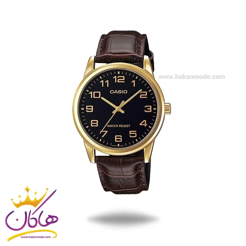 Casio-watch-code-MTP-V001GL-1BUDF1.webp ساعت کاسیو مردانه چرم قهوه ای قاب طلایی MTP-V001GL-1BUDF - Image 1