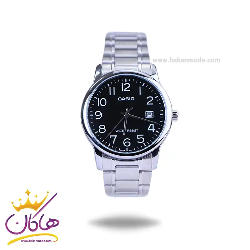 Casio-watch-code-MTP-V002D-1BUDF1.webp ساعت مچی کاسیو مردانه فلزی نقره ای صفحه مشکی MTP-V002D-1BUDF - Image 1