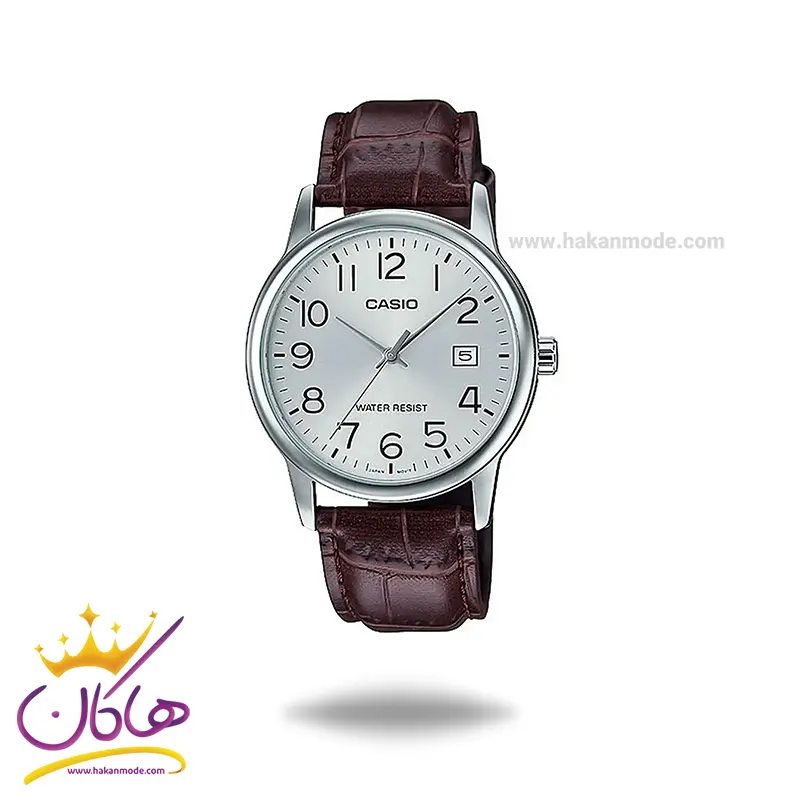 Casio-watch-code-MTP-V002L-7B2UDF1.webp ساعت کاسیو مردانه چرم قهوه ای قاب نقره ای MTP-V002L-7B2UDF - Image 1