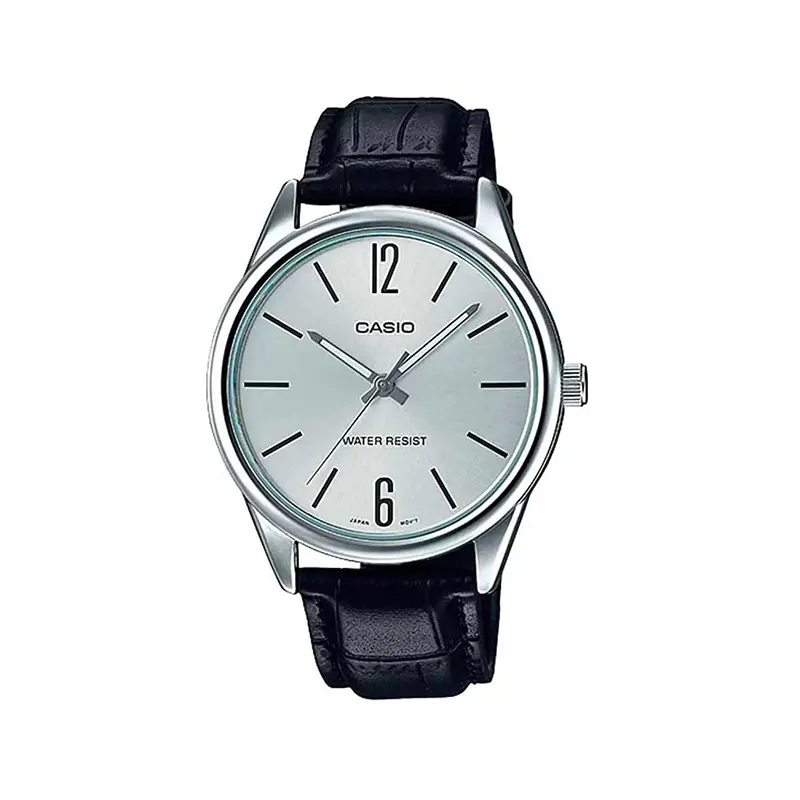 Casio-watch-code-MTP-V005L-7BUDF1.webp ساعت مچی کاسیو مردانه چرم مشکی قاب نقره ای MTP-V005L-7BUDF - Image 1