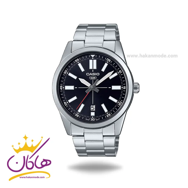 Casio-watch-code-MTP-VD02D-1E1.webp ساعت کاسیو مردانه فلزی نقره ای صفحه مشکی MTP-VD02D-1E - Image 1