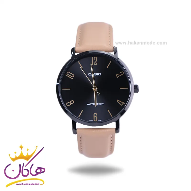Casio-watch-code-MTP-VT01BL-1BUDF1.webp ساعت عقربه ای کاسیو مردانه بند چرم کرمی صفحه مشکی MTP-VT01BL-1BUDF - Image 1
