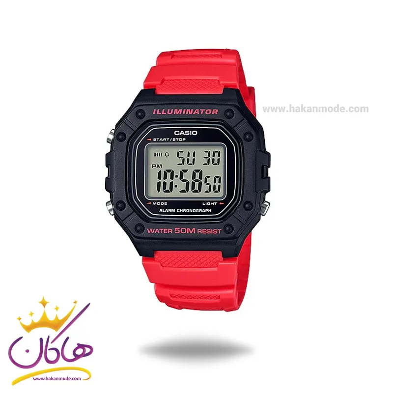 Casio-watch-code-W-218H-4BVDF1.webp ساعت کاسیو مردانه بند رابر قرمز دیجیتال W-218H-4BVDF - Image 1