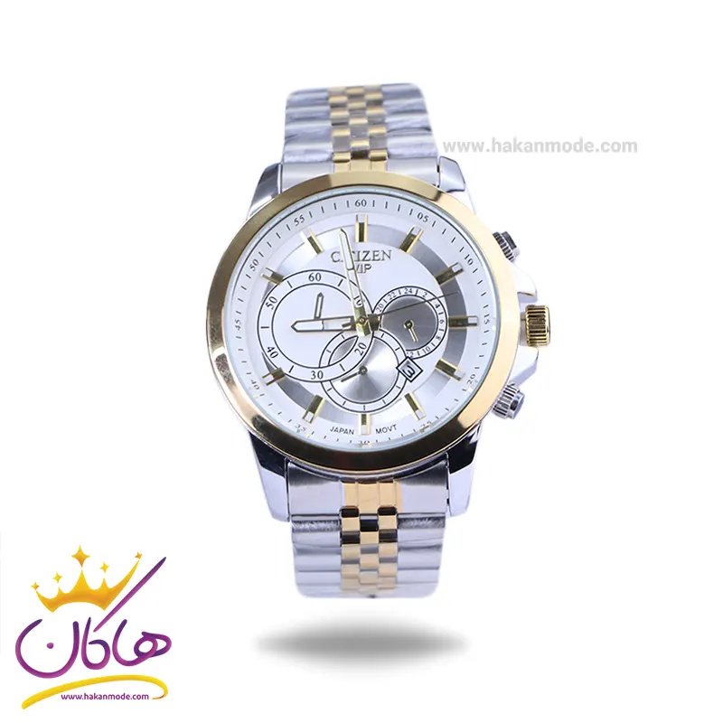 Citizen-VIP-watch-code-2363.121.webp ساعت مچی عقربه ای سیتیزن مردانه فلزی نقره ای طلایی 2363/12 - Image 1