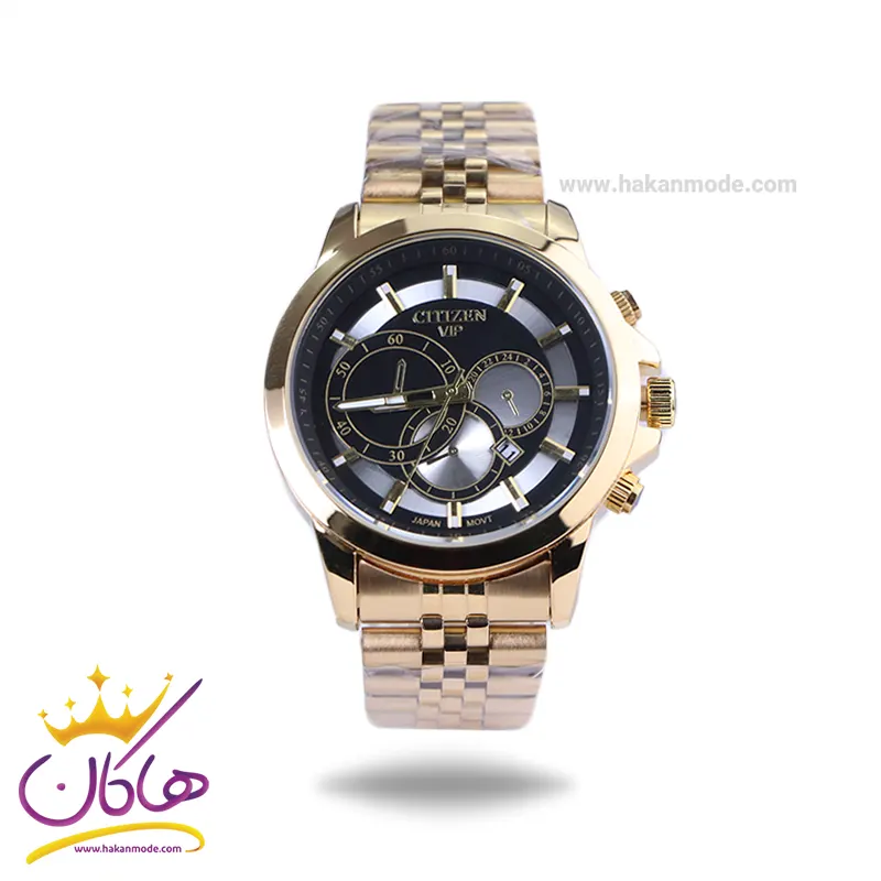 Citizen-VIP-watch-code-2363.81.webp ساعت مچی عقربه ای سیتیزن مردانه فلزی طلایی صفحه مشکی 2363/8 - Image 1