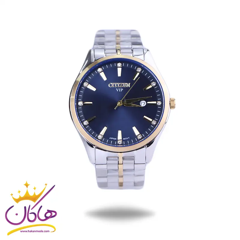 Citizen-VIP-watch-code-G-31626.11.webp ساعت مچی سیتیزن مردانه فلزی نقره ای طلایی صفحه آبی G31626/1 - Image 1