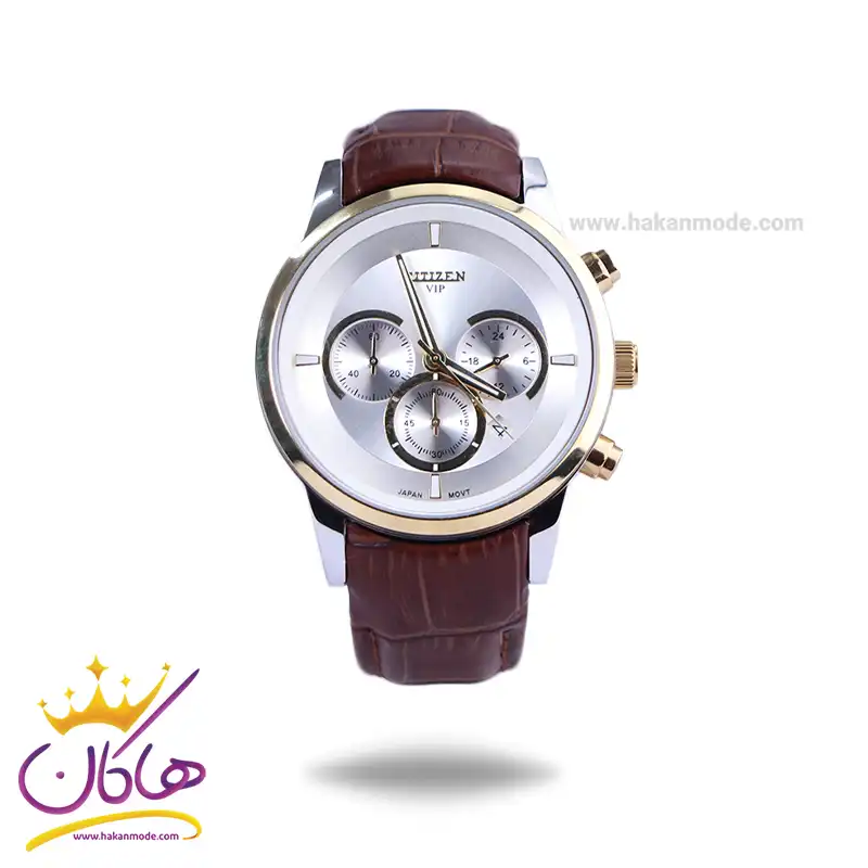 Citizen-VIP-watch-code-G-8111.11.webp ساعت مچی سیتیزن مردانه بند چرم صفحه سفید کرنوگراف G8111/1 - Image 1
