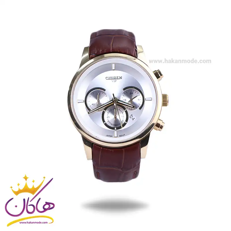 Citizen-VIP-watch-code-G-8111.51.webp ساعت مچی سیتیزن مردانه بند چرم قاب طلایی کرنوگراف G8111/5 - Image 1