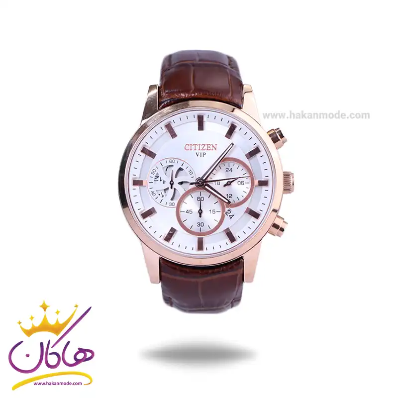 Citizen-VIP-watch-code-G-9235.11.webp ساعت سیتیزن مردانه بند چرم قهوه ای قاب رزگلد کرنوگراف G9235/1 - Image 1