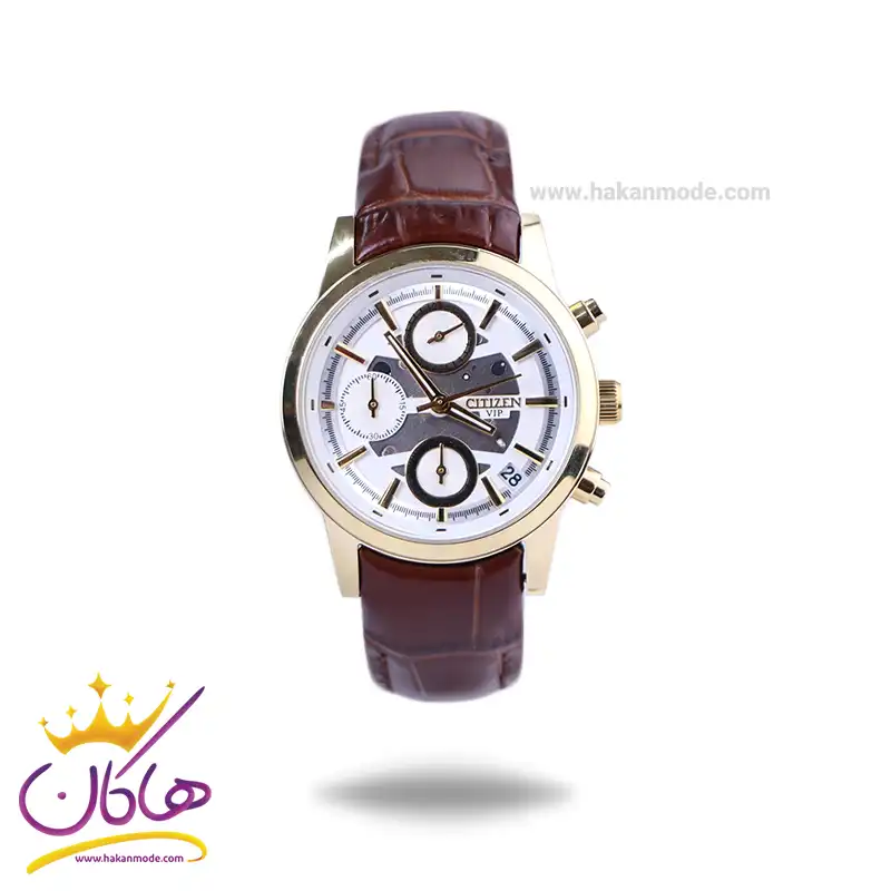 Citizen-VIP-watch-code-L-9234.41.webp ساعت مچی سیتیزن زنانه بند چرم قاب طلایی کرنوگراف L9234/4 - Image 1