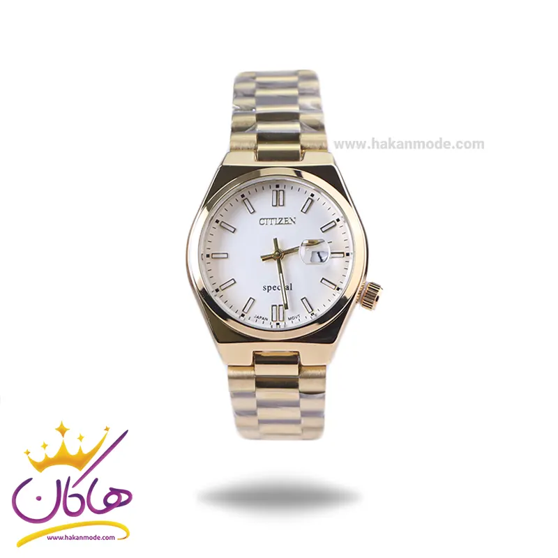Citizen-highcopy-watch-code-1211241.webp ساعت مچی سیتیزن زنانه فلزی طلایی صفحه سفید 107334/2 - Image 1