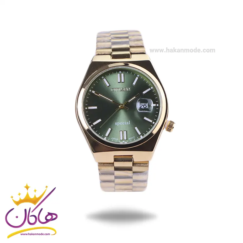 Citizen-highcopy-watch-code-1211271.webp ساعت مچی مردانه سیتیزن فلزی طلایی صفحه سبز 107334/5 - Image 1