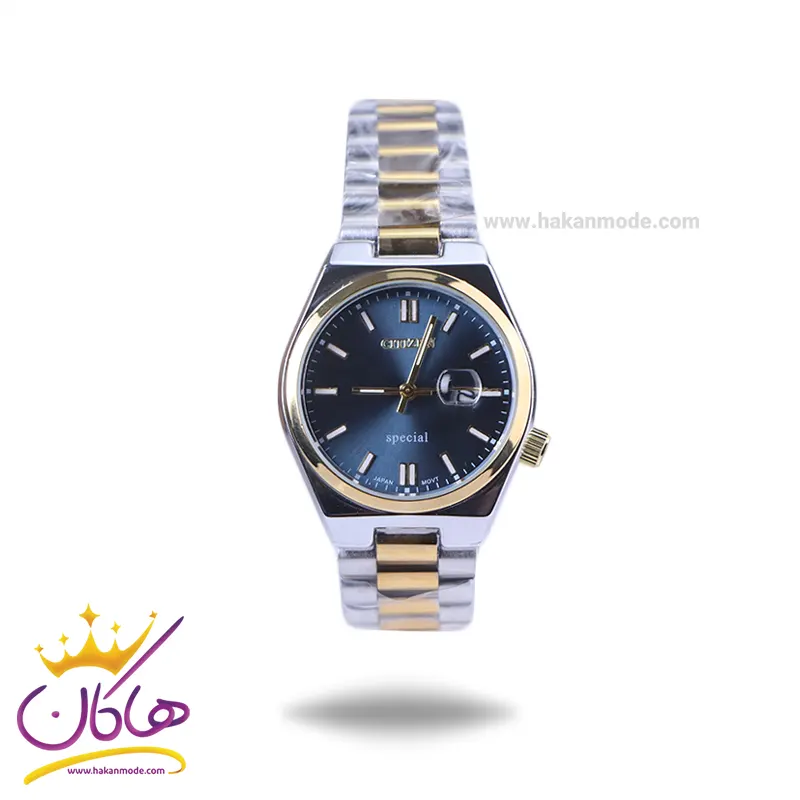 Citizen-highcopy-watch-code-1211321.webp ساعت مچی سیتیزن زنانه فلزی نقره ای طلایی صفحه سورمه ای 107334/10 - Image 1