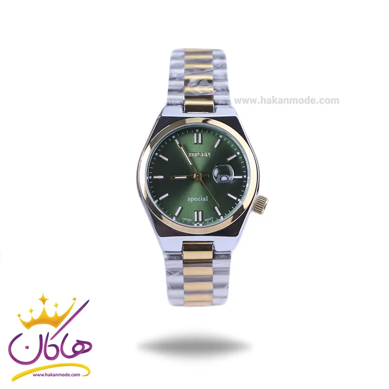Citizen-highcopy-watch-code-1211341.webp ساعت مچی زنانه سیتیزن فلزی نقره ای طلایی صفحه سبز 107334/12 - Image 1