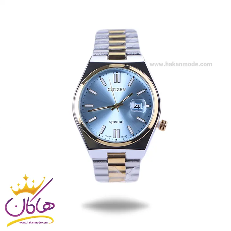 Citizen-highcopy-watch-code-1211351.webp ساعت مچی سیتیزن مردانه فلزی نقره ای طلایی صفحه آبی 107334/13 - Image 1