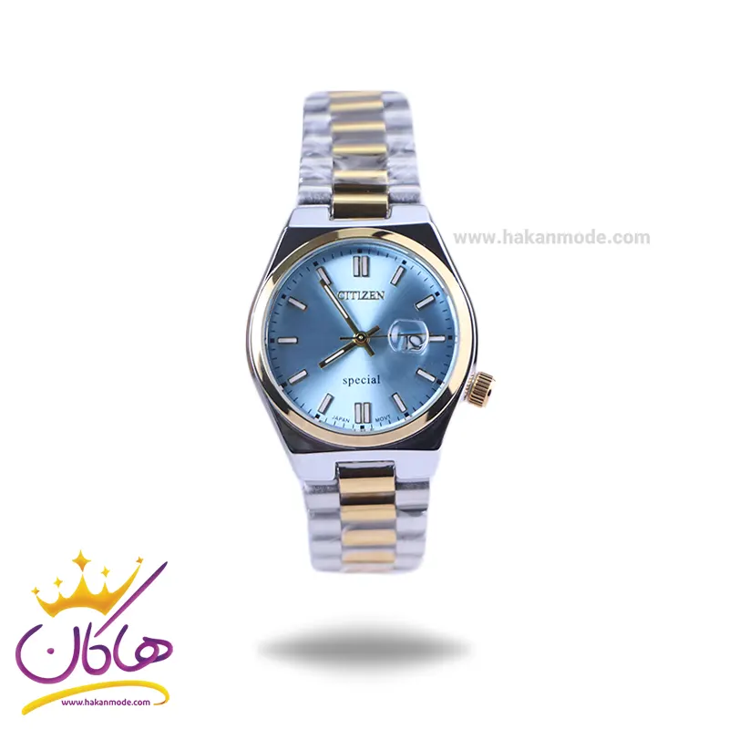 Citizen-highcopy-watch-code-1211361.webp ساعت مچی سیتیزن زنانه فلزی نقره ای طلایی صفحه آبی 107334/14 - Image 1
