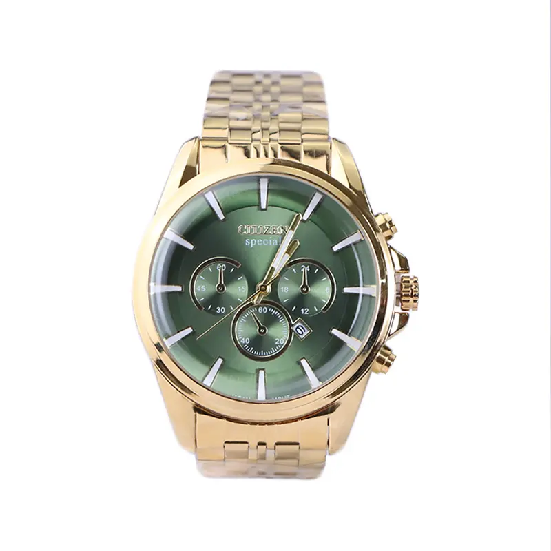 Citizen-special-watch-code-G-M028.11.webp ساعت مچی سیتیزن مردانه فلزی طلایی صفحه سبز G M028/1 - Image 1