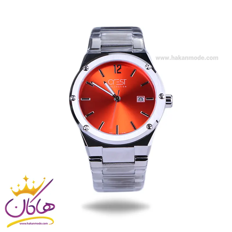 Crest-watch-code-6303.51.webp ساعت مچی کرست مردانه فلزی نقره ای صفحه نارنجی crest 6303/5 - Image 1