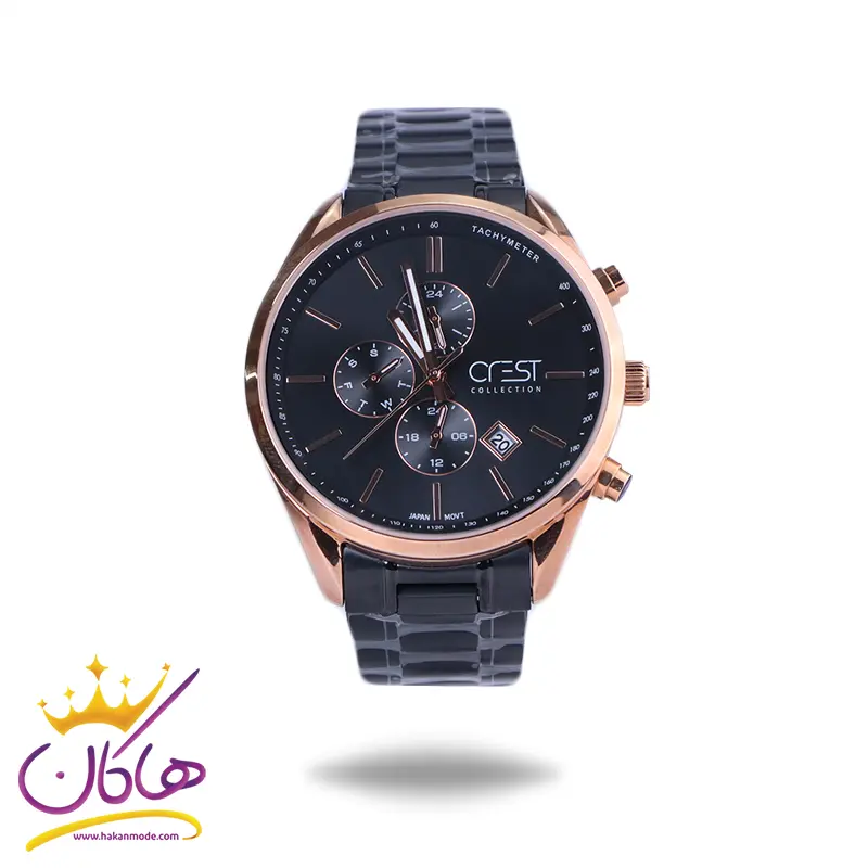 Crest-watch-code-9019G-1199691.webp پک ساعت مچی مردانه کرست استیل مشکی قاب رزگلد 9019/3 - Image 1