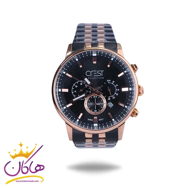 Crest-watch-code-9025G.51.webp پک ساعت مچی مردانه کرست استیل مشکی رزگلد 9025/5 - Image 1