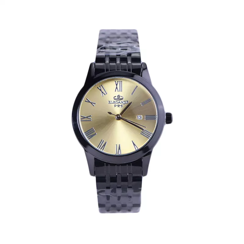 Elegance-Pro-watch-code-L-030.121.webp ساعت عقربه ای الگانس زنانه فلزی مشکی صفحه زرد L 030/12 - Image 1