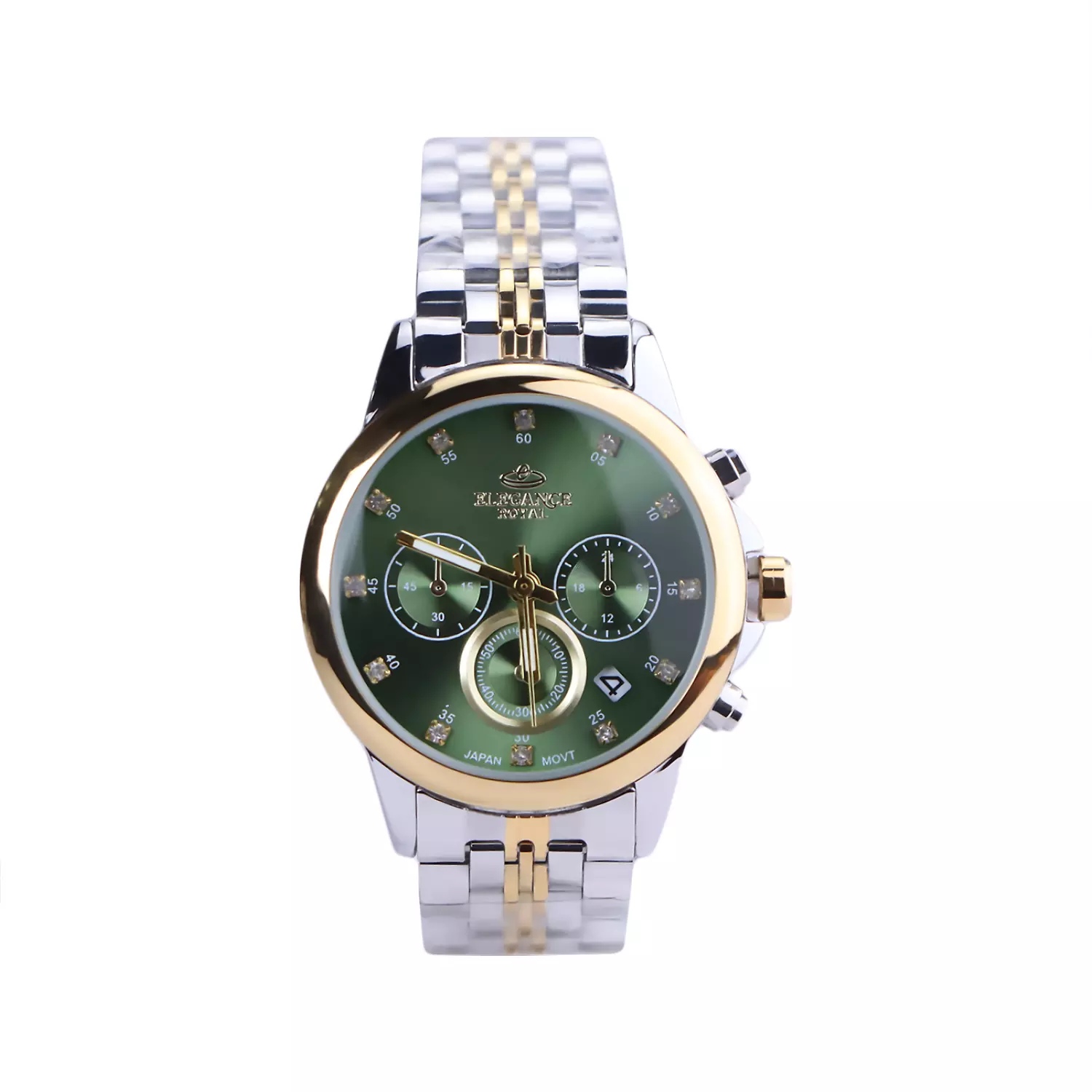 Elegance-Royal-Watch-Code-L-9766.291.webp ساعت مچی الگانس زنانه فلزی نقره ای طلایی صفحه سبز L 9766/29 - Image 1